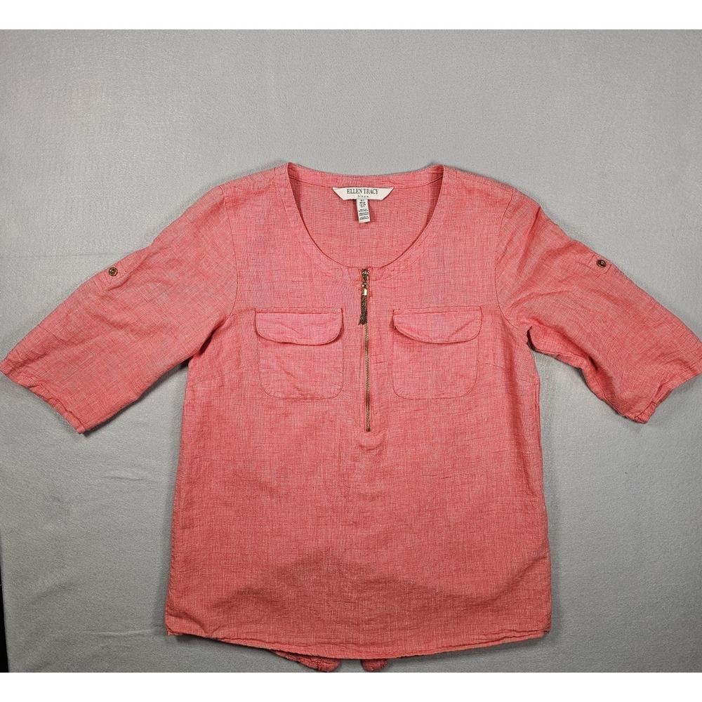 Ellen Tracy Linen Blend Top Women Small Coral Pink 1/2 Zip Roll Tab Sleeve Shirt